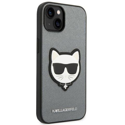 Etui Karl Lagerfeld Saffiano Choupette Head Patch na iPhone 14 Plus - srebrne Etui Karl Lagerfeld Saffiano Choupette Head Patch na iPhone 14 Plus - srebrne