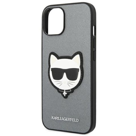 Etui Karl Lagerfeld Saffiano Choupette Head Patch na iPhone 14 Plus - srebrne Etui Karl Lagerfeld Saffiano Choupette Head Patch na iPhone 14 Plus - srebrne