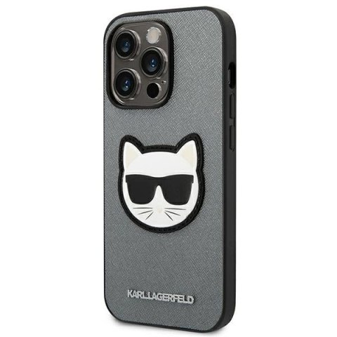 Etui Karl Lagerfeld Saffiano Choupette Head Patch na iPhone 14 Pro - srebrne Etui Karl Lagerfeld Saffiano Choupette Head Patch na iPhone 14 Pro - srebrne