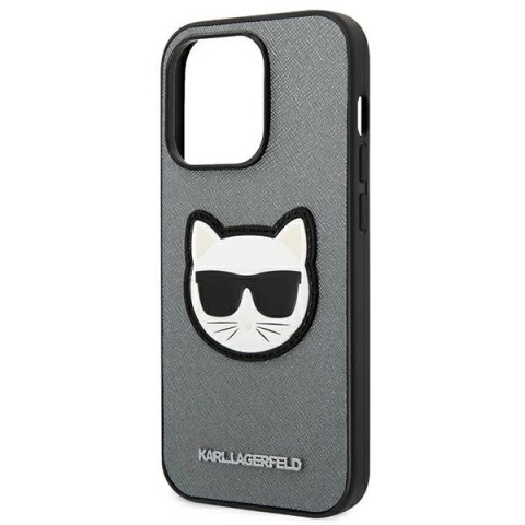 Etui Karl Lagerfeld Saffiano Choupette Head Patch na iPhone 14 Pro - srebrne Etui Karl Lagerfeld Saffiano Choupette Head Patch na iPhone 14 Pro - srebrne
