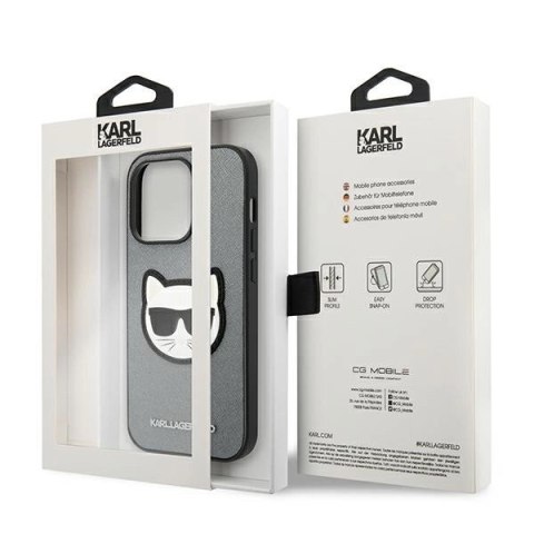 Etui Karl Lagerfeld Saffiano Choupette Head Patch na iPhone 14 Pro - srebrne Etui Karl Lagerfeld Saffiano Choupette Head Patch na iPhone 14 Pro - srebrne