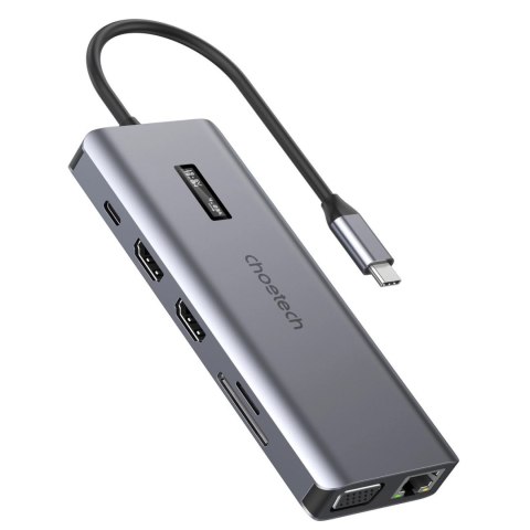 Choetech HUB wielofunkcyjny z wyświetlaczem 12w1 USB-C do 1xUSB-C/4xUSB-A/2xHDMI/1xVGA/1xAUX/czytnik kart pamięci szary (HUB-M26 Choetech HUB wielofunkcyjny z wyświetlaczem 12w1 USB-C do 1xUSB-C/4xUSB-A/2xHDMI/1xVGA/1xAUX/czytnik kart pamięci szary (HUB-M26