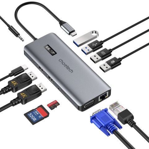 Choetech HUB wielofunkcyjny z wyświetlaczem 12w1 USB-C do 1xUSB-C/4xUSB-A/2xHDMI/1xVGA/1xAUX/czytnik kart pamięci szary (HUB-M26 Choetech HUB wielofunkcyjny z wyświetlaczem 12w1 USB-C do 1xUSB-C/4xUSB-A/2xHDMI/1xVGA/1xAUX/czytnik kart pamięci szary (HUB-M26