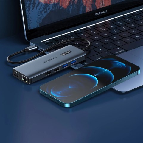 Choetech HUB wielofunkcyjny z wyświetlaczem 12w1 USB-C do 1xUSB-C/4xUSB-A/2xHDMI/1xVGA/1xAUX/czytnik kart pamięci szary (HUB-M26 Choetech HUB wielofunkcyjny z wyświetlaczem 12w1 USB-C do 1xUSB-C/4xUSB-A/2xHDMI/1xVGA/1xAUX/czytnik kart pamięci szary (HUB-M26