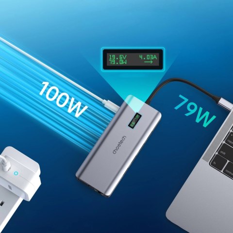 Choetech HUB wielofunkcyjny z wyświetlaczem 12w1 USB-C do 1xUSB-C/4xUSB-A/2xHDMI/1xVGA/1xAUX/czytnik kart pamięci szary (HUB-M26 Choetech HUB wielofunkcyjny z wyświetlaczem 12w1 USB-C do 1xUSB-C/4xUSB-A/2xHDMI/1xVGA/1xAUX/czytnik kart pamięci szary (HUB-M26