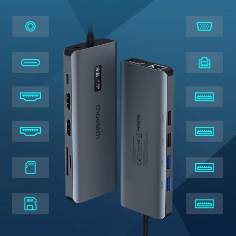 Choetech HUB wielofunkcyjny z wyświetlaczem 12w1 USB-C do 1xUSB-C/4xUSB-A/2xHDMI/1xVGA/1xAUX/czytnik kart pamięci szary (HUB-M26 Choetech HUB wielofunkcyjny z wyświetlaczem 12w1 USB-C do 1xUSB-C/4xUSB-A/2xHDMI/1xVGA/1xAUX/czytnik kart pamięci szary (HUB-M26