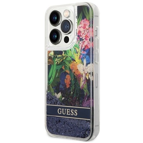 Etui Guess Flower Liquid Glitter na iPhone 14 Pro - niebieskie