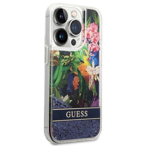 Etui Guess Flower Liquid Glitter na iPhone 14 Pro - niebieskie