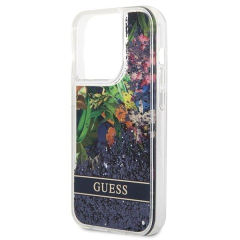 Etui Guess Flower Liquid Glitter na iPhone 14 Pro - niebieskie