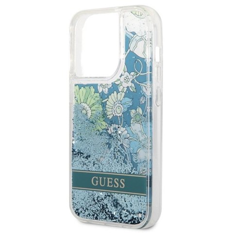 Etui Guess Flower Liquid Glitter na iPhone 14 Pro - zielone