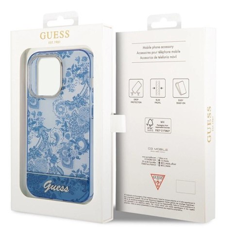 Etui Guess Porcelain Collection na iPhone 14 Pro - niebieskie