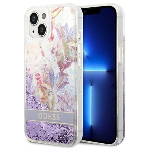 Etui Guess Flower Liquid Glitter na iPhone 14 Plus - fioletowe