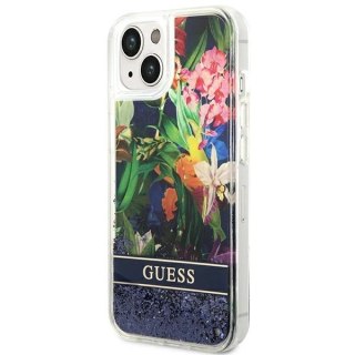 Etui Guess Flower Liquid Glitter na iPhone 14 Plus - niebieskie