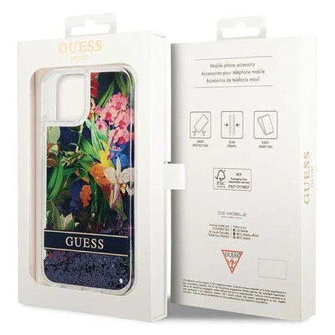 Etui Guess Flower Liquid Glitter na iPhone 14 Plus - niebieskie