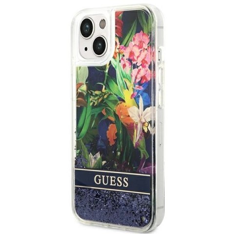 Etui Guess Flower Liquid Glitter na iPhone 14 - niebieskie