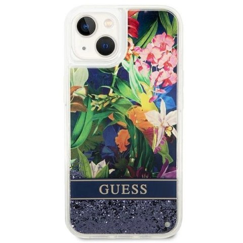 Etui Guess Flower Liquid Glitter na iPhone 14 - niebieskie