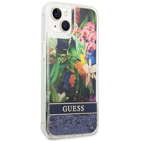 Etui Guess Flower Liquid Glitter na iPhone 14 - niebieskie