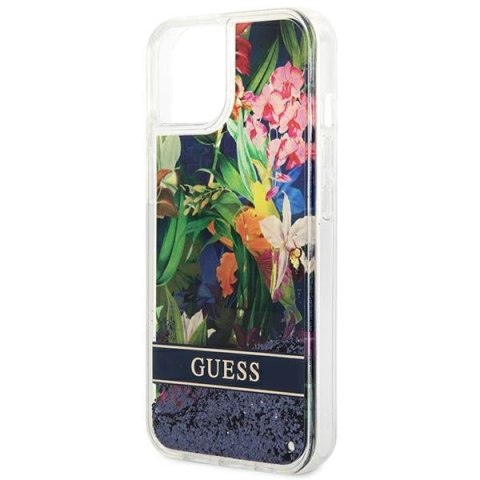 Etui Guess Flower Liquid Glitter na iPhone 14 - niebieskie