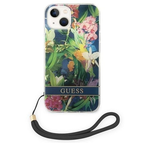 Etui Guess Flower Strap na iPhone 14 Plus - niebieskie