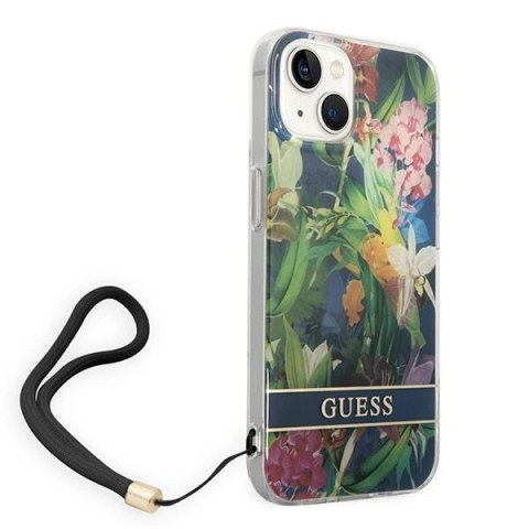 Etui Guess Flower Strap na iPhone 14 Plus - niebieskie