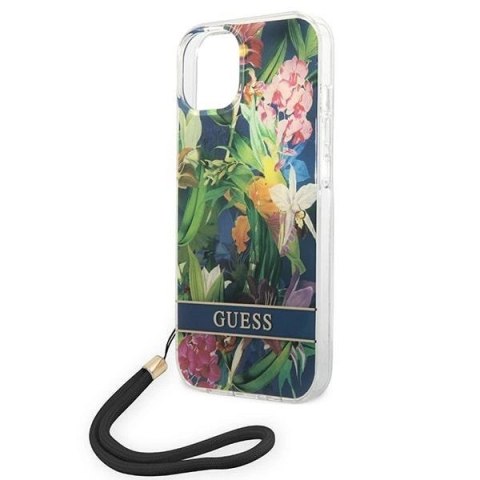 Etui Guess Flower Strap na iPhone 14 Plus - niebieskie