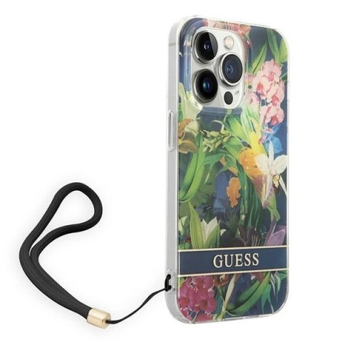 Etui Guess Flower Strap na iPhone 14 Pro Max - niebieskie