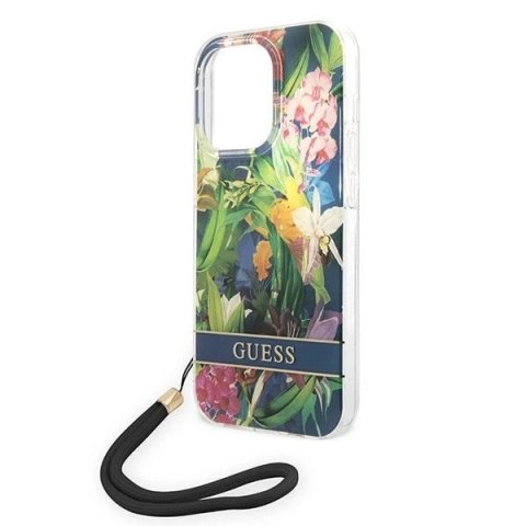Etui Guess Flower Strap na iPhone 14 Pro Max - niebieskie