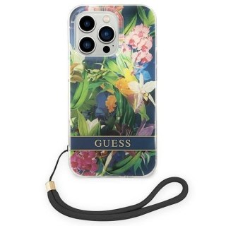 Etui Guess Flower Strap na iPhone 14 Pro - niebieskie