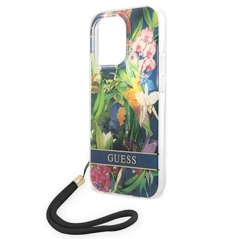 Etui Guess Flower Strap na iPhone 14 Pro - niebieskie