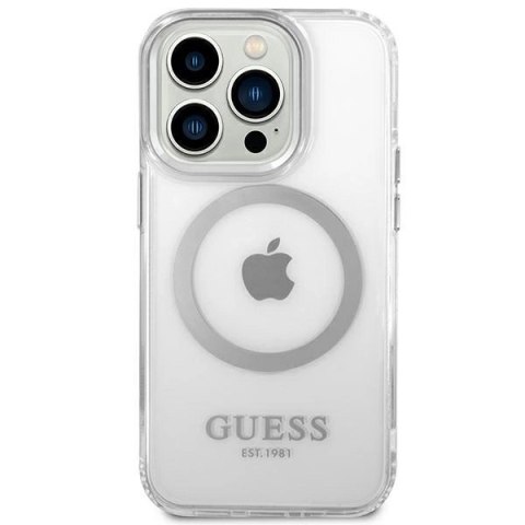Etui Guess Metal Outline MagSafe na iPhone 14 Pro - srebrne