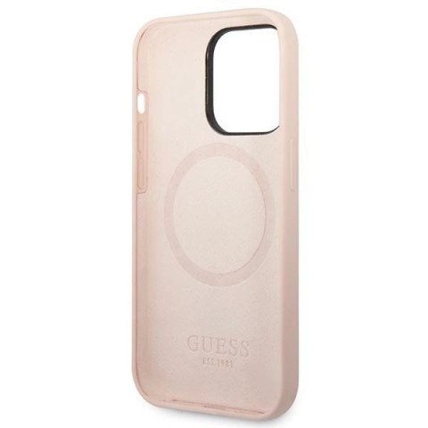 Etui Guess Silicone Logo Plate MagSafe na iPhone 14 Pro Max - różowe