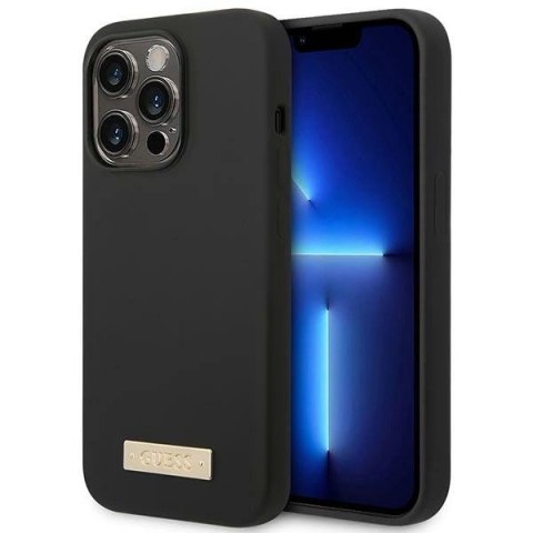 Etui Guess Silicone Logo Plate MagSafe na iPhone 14 Pro - czarne