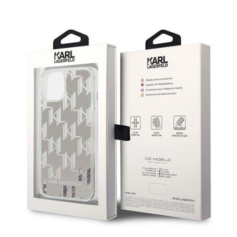 Etui Karl Lagerfeld Liquid Glitter Monogram na iPhone 14 Plus - srebrne Etui Karl Lagerfeld Liquid Glitter Monogram na iPhone 14 Plus - srebrne
