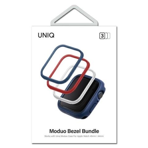 Ramka do etui Uniq Moduo 3w1 na Apple Watch 4/5/6/7/8/SE/SE2 44/45mm - niebieska, czerwona, biała Ramka do etui Uniq Moduo 3w1 na Apple Watch 4/5/6/7/8/SE/SE2 44/45mm - niebieska, czerwona, biała