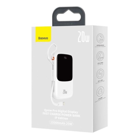 Baseus Qpow Digital Display powerbank z szybkim ładowaniem 10000mAh 20W QC/PD/SCP/FCP z wbudowanym kablem Lightning biały Baseus Qpow Digital Display powerbank z szybkim ładowaniem 10000mAh 20W QC/PD/SCP/FCP z wbudowanym kablem Lightning biały