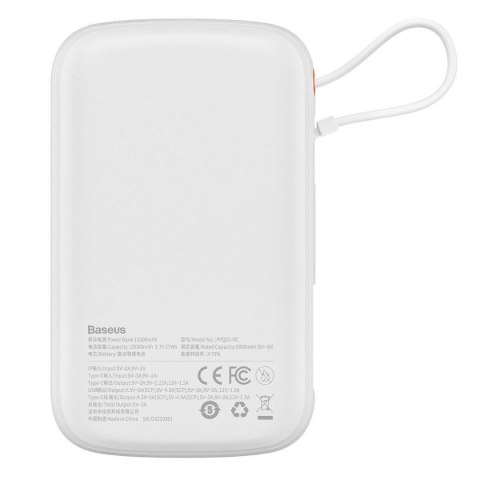 Baseus Qpow Digital Display powerbank z szybkim ładowaniem 10000mAh 22,5W QC/PD/SCP/FCP z wbudowanym kablem USB-C biały Baseus Qpow Digital Display powerbank z szybkim ładowaniem 10000mAh 22,5W QC/PD/SCP/FCP z wbudowanym kablem USB-C biały