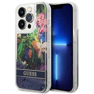 Etui Guess Flower Liquid Glitter na iPhone 14 Pro Max - niebieskie