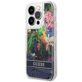 Etui Guess Flower Liquid Glitter na iPhone 14 Pro Max - niebieskie
