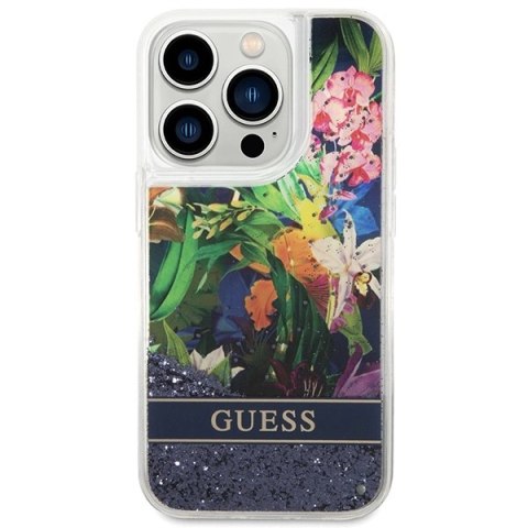 Etui Guess Flower Liquid Glitter na iPhone 14 Pro Max - niebieskie