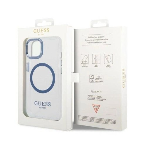 Etui Guess Metal Outline MagSafe na iPhone 14 Plus - niebieskie