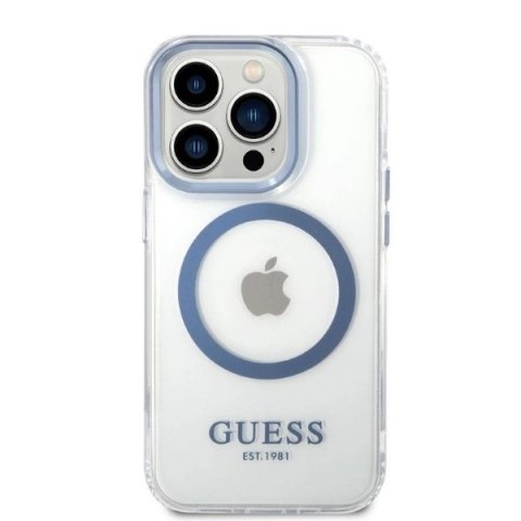 Etui Guess Metal Outline MagSafe na iPhone 14 Pro - niebieskie