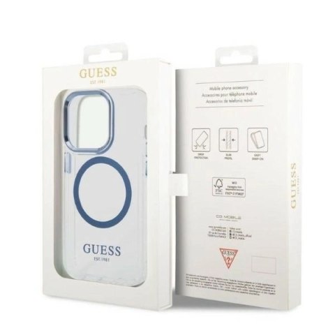 Etui Guess Metal Outline MagSafe na iPhone 14 Pro - niebieskie