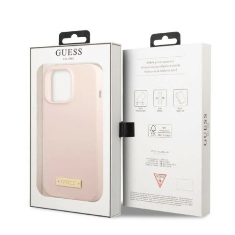 Etui Guess Silicone Logo Plate MagSafe na iPhone 13 Pro / iPhone 13 - różowe