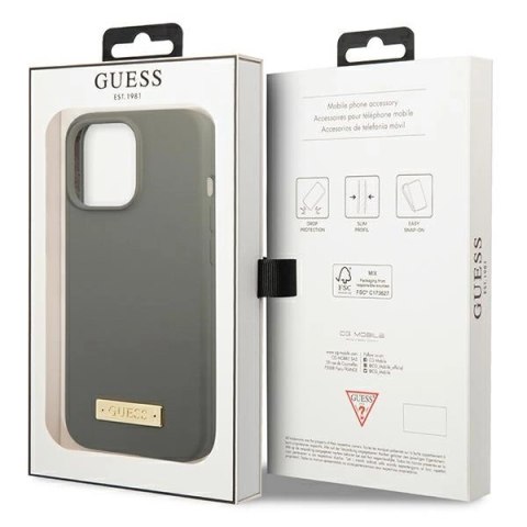 Etui Guess Silicone Logo Plate MagSafe na iPhone 13 Pro / iPhone 13 - szare