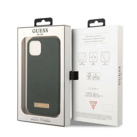 Etui Guess Silicone Logo Plate MagSafe na iPhone 13 - zielone
