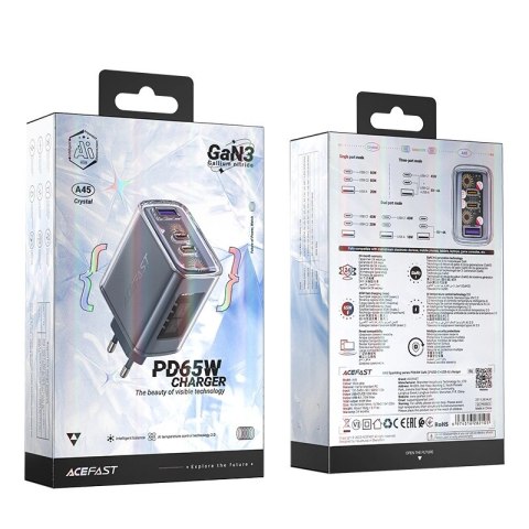 Acefast ładowarka GaN 65W 3 porty (1xUSB, 2xUSB C) szara (A45) Acefast ładowarka GaN 65W 3 porty (1xUSB, 2xUSB C) szara (A45)