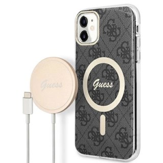 Etui Guess 4G Print MagSafe na iPhone 11 + ładowarka indukcyjna - czarne