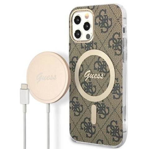 Etui Guess 4G Print MagSafe na iPhone 12 / iPhone 12 Pro + ładowarka indukcyjna - brązowe