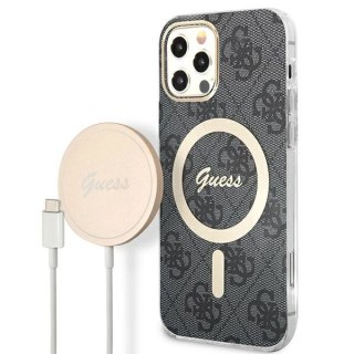 Etui Guess 4G Print MagSafe na iPhone 12 / iPhone 12 Pro + ładowarka indukcyjna - czarne
