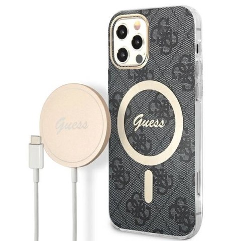 Etui Guess 4G Print MagSafe na iPhone 12 / iPhone 12 Pro + ładowarka indukcyjna - czarne